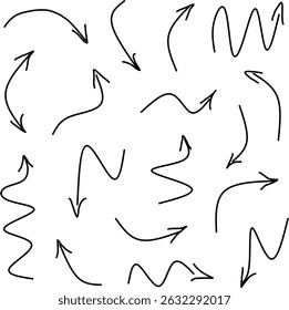 Collection of hand drawn black arrows in various curved, wavy and zigzag styles on white background. Ideal for creative designs, infographics, presentations, landing pages.
