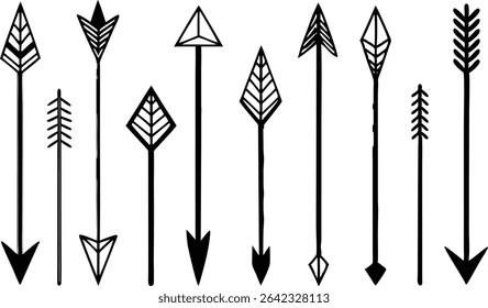 Coleção de setas pretas desenhadas à mão com vários desenhos de pontas de seta decorativos no fundo branco
