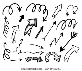 Collection of hand drawn black arrows in various styles and directions on a white background art design