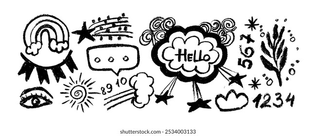 Collection of hand drawn black charcoal doodle shapes and squiggles in childish girly style. Pencil drawings isolated on white. Eye, stars, arrows, rainbow and cloud doodle collage elements.