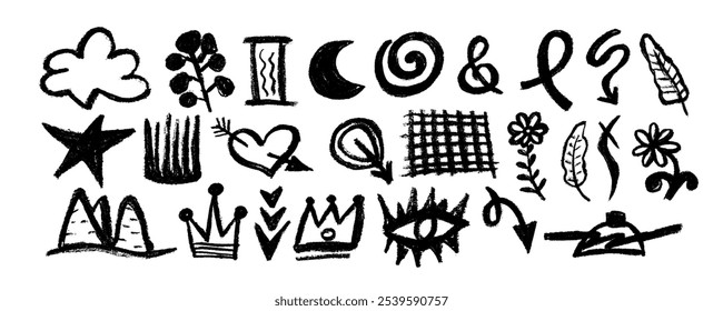 Collection of hand drawn black charcoal doodle shapes and squiggles in childish girly style. Pencil drawings isolated on white. Crown, grid,  star , flower, heart and rainbow doodle collage elements.