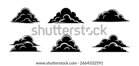 Collection of hand drawn black cloud illustrations in silhouette style on a white background.
