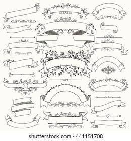 Collection of Hand Drawn Black Doodle Design Elements. Sketched Rustic Decorative Banners, Dividers, Ribbons with Floral Swirls and Branches. Vintage Outlined Vector Illustration.