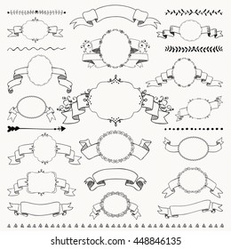 Collection of Hand Drawn Black Doodle Vintage Frames with Ribbons, Banners. Sketched Rustic Decorative Outlined Badges and Labels, Dividers. Vector Illustration.