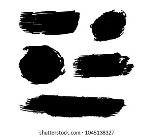 Collection Of Hand Drawn Black Grunge Brushes. Vector Black Paint, Ink Brush Stroke, Brush. Dirty Artistic Creative Design Elements. Perfect For Logo, Banner, Frame, Icon. Freehand Drawing.  