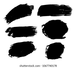 Collection Of Hand Drawn Black Grunge Brushes. Vector Black Paint, Ink Brush Stroke, Brush. Dirty Artistic Creative Design Elements. Perfect For Logo, Banner, Frame, Icon. Freehand Drawing.  