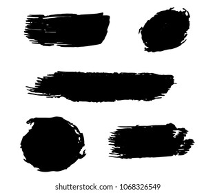 Collection Of Hand Drawn Black Grunge Brushes. Vector Black Paint, Ink Brush Stroke, Brush. Dirty Artistic Creative Design Elements. Perfect For Logo, Banner, Frame, Icon. Freehand Drawing.  