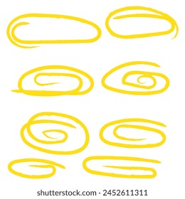 Colección del círculo de resaltado negro dibujado a mano. Marcas de resaltado, trazos. Elementos de diseño aislados sobre fondo blanco.