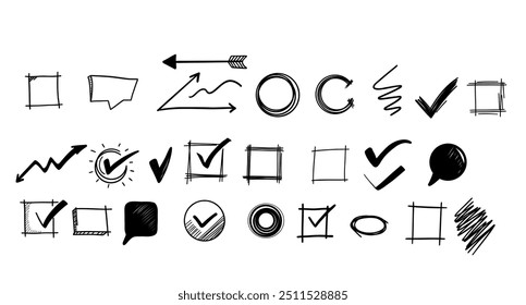 Collection hand drawn black icons, including checkmarks, arrows, circles, squares, and speech bubbles on a white background.