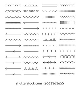 Collection of hand drawn black line dividers with arrows waves dots and curves