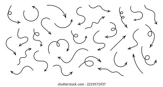 Collection of hand drawn black linear arrows. Pointer symbol.