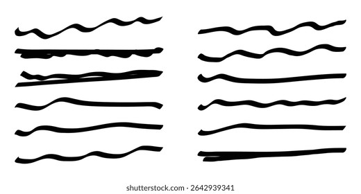 Sammlung von handgezeichneten schwarzen Linien und Unterstreichungen in verschiedenen Stilen. Vektorgrafik einzeln auf weißem Hintergrund.