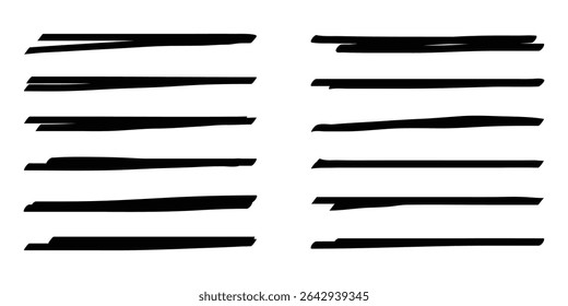 Coleção de linhas pretas desenhadas à mão e sublinhados em vários estilos. Ilustração vetorial isolada sobre fundo branco.