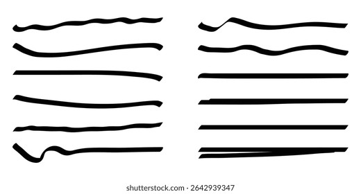 Collection of hand drawn black lines and underlines in various styles. Vector illustration isolated on white background.