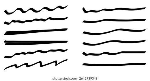 Collection of hand drawn black lines and underlines in various styles. Vector illustration isolated on white background.