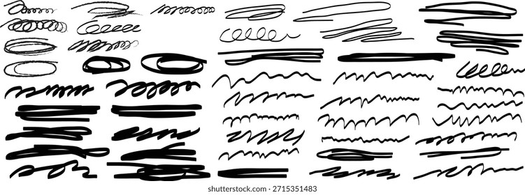 Sammlung von handgezeichneten schwarzen Markierungsritzen unterstreicht Kreise und abstrakte Doodle-Elemente für das Design.