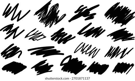 Sammlung von handgezeichneten schwarzen Kritzelpinselstrichen und -flecken auf weißem Hintergrund