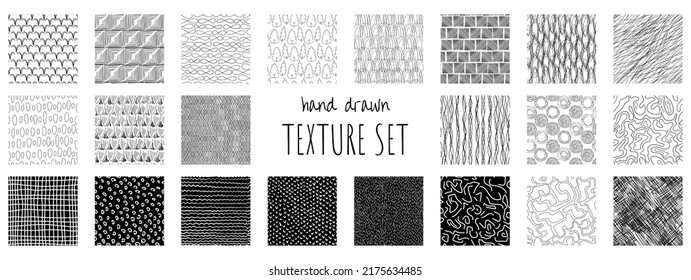 Collection of hand drawn black and white seamless textures. Vector illustration for textured paper, wrapping print, fabric, wallpaper, etc.
