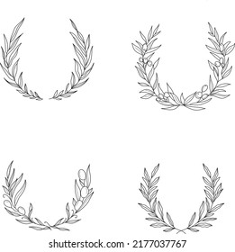 Collection of hand drawn black and white silhouettes of circular laurel leaves, olive branches, olive crown, and wreath achievements, heraldry, nobility. Vector illustration isolated on white