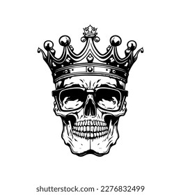 A collection of Hand drawn, black and white line art illustrations featuring a smiling skull wearing a regal crown