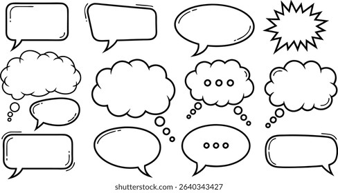 Collection of hand drawn black and white comic speech bubbles and thought bubbles for dialogue