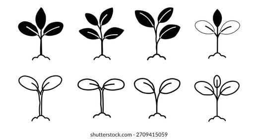 Sammlung von handgezeichneten Schwarz-Weiß-Illustrationen von Sämlingen und Jungpflanzen