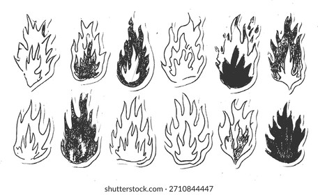 Coleção de ilustrações de chama preto e branco desenhadas à mão em vários estilos