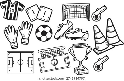 Collection of hand drawn black and white soccer equipment for sports design projects,Vector football illustration set with soccer ball, goal, jersey, boots, gloves, trophy, stadium, medal, and field. 