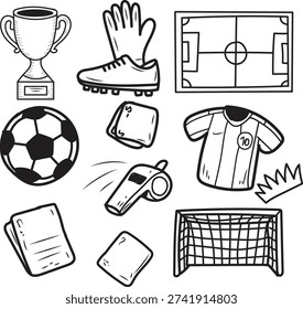 Collection of hand drawn black and white soccer equipment for sports design projects,Vector football illustration set with soccer ball, goal, jersey, boots, gloves, trophy, stadium, medal, and field. 