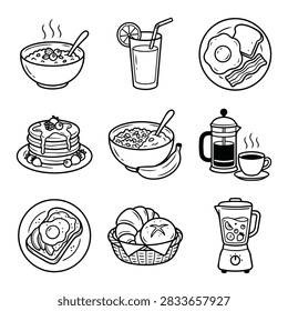 A collection of hand drawn black and white icons representing various breakfast foods and drinks.
