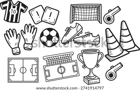 Collection of hand drawn black and white soccer equipment for sports design projects,Vector football illustration set with soccer ball, goal, jersey, boots, gloves, trophy, stadium, medal, and field. 