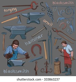 Collection of hand drawn blacksmith icons, such as horseshoe, sledgehammer, vise, oven for your design