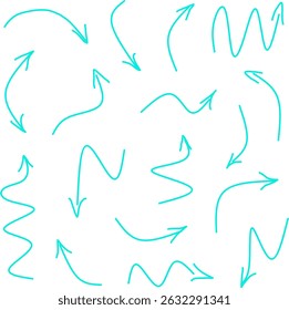 Collection of hand drawn blue arrows in various curved, wavy and zigzag styles on white background. Ideal for creative designs, infographics, presentations, landing pages.