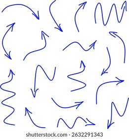 Collection of hand drawn blue arrows in various curved, wavy and zigzag styles on white background. Ideal for creative designs, infographics, presentations, landing pages.