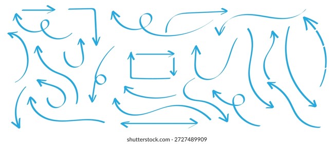 Una colección de flechas azules dibujadas a mano que apuntan en varias direcciones. Bosqueja marcos de línea, punteros. Doodle flecha, marco de forma ovalada y cuadrada, marcador azul, subrayado de pincel y símbolos de navegación. Ilustración vectorial.