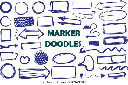 Collection of hand drawn blue marker doodles including arrows circles and various shapes