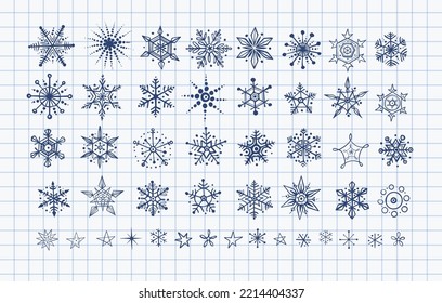 Collection of hand drawn blue pen sketch doodle snowflakes on lined paper background. Vector doodle sketch illustration.