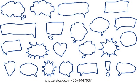 Collection of hand drawn blue speech bubbles and thought bubbles