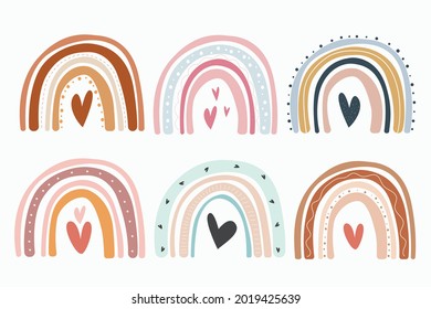 Collection of hand drawn boho rainbows in pastel colors illustration