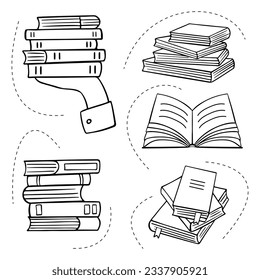 Collection of hand drawn books. Sketch in black on a white background. Vector illustration