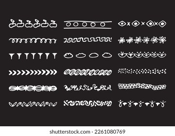 Collection of Hand Drawn Borders. Aztec White isolated on black background art dividers. Trendy separators. Vector illustration
