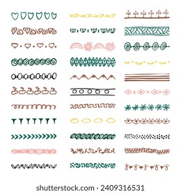 Colección de fronteras dibujadas a mano. Aztec White aislado en divisiones de arte de fondo negro. Separadores de moda. Ilustración del vector