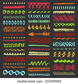 Collection of Hand Drawn Borders in Ethnic Style. Aztec art dividers. Trendy boho separators.