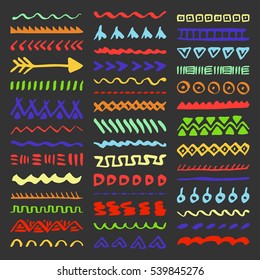 Collection of Hand Drawn Borders in Ethnic Style. Aztec art dividers. Trendy boho separators.