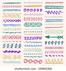 Collection of Hand Drawn Borders in Ethnic Style. Aztec art dividers. Trendy boho separators.