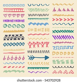 Collection of Hand Drawn Borders in Ethnic Style. Aztec art dividers. Trendy boho separators.