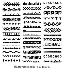 Collection of Hand Drawn Borders in Ethnic Style. Aztec art dividers. Trendy boho separators.
