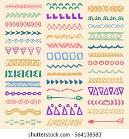 Collection of Hand Drawn Borders in Ethnic Style. Aztec art dividers. Trendy boho separators.