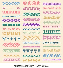 Collection of Hand Drawn Borders in Ethnic Style. Aztec art dividers. Trendy boho separators.