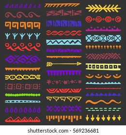 Collection of Hand Drawn Borders in Ethnic Style. Aztec art dividers. Trendy boho separators.